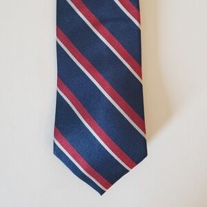 Lands End 100% Silk Tie Navy Blue Red Silver Striped